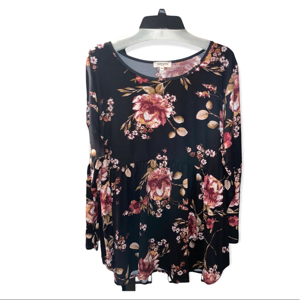 NWOT Sweet Lovely Black floral babydoll long sleeve too, size 3X